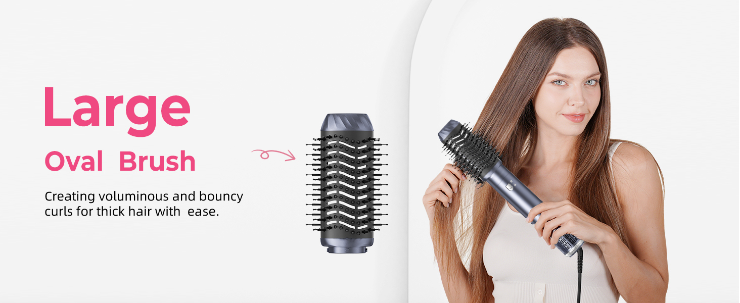 Le texte indique « Grand » et « Pinceau ovale ». Photographie du produit montrant une brosse à coiffer et une démonstration de soins capillaires sur plusieurs panneaux.