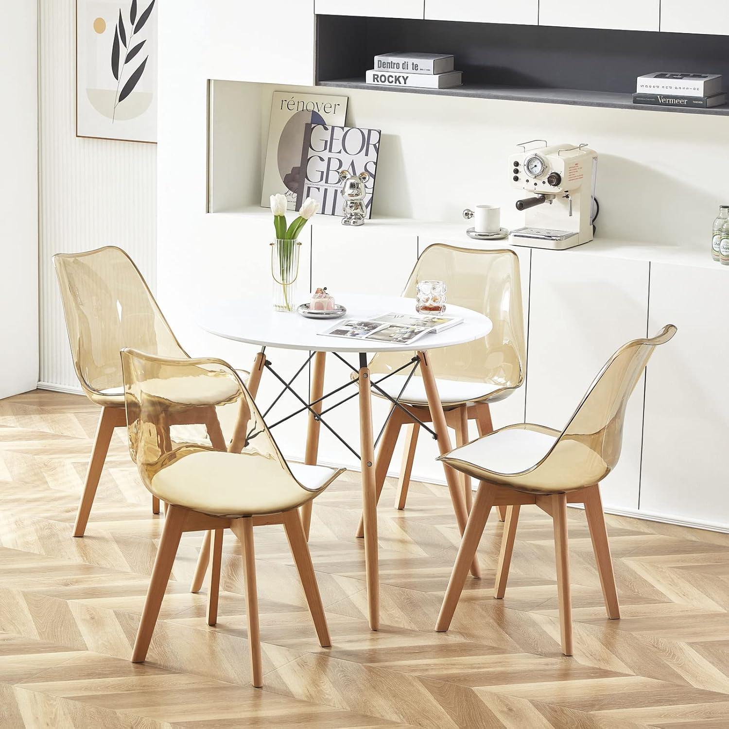 EGGREE - lot de 4 chaises scandinaves - bois hêtre - coussins cuir blanc, dossier transparent, testées SGS