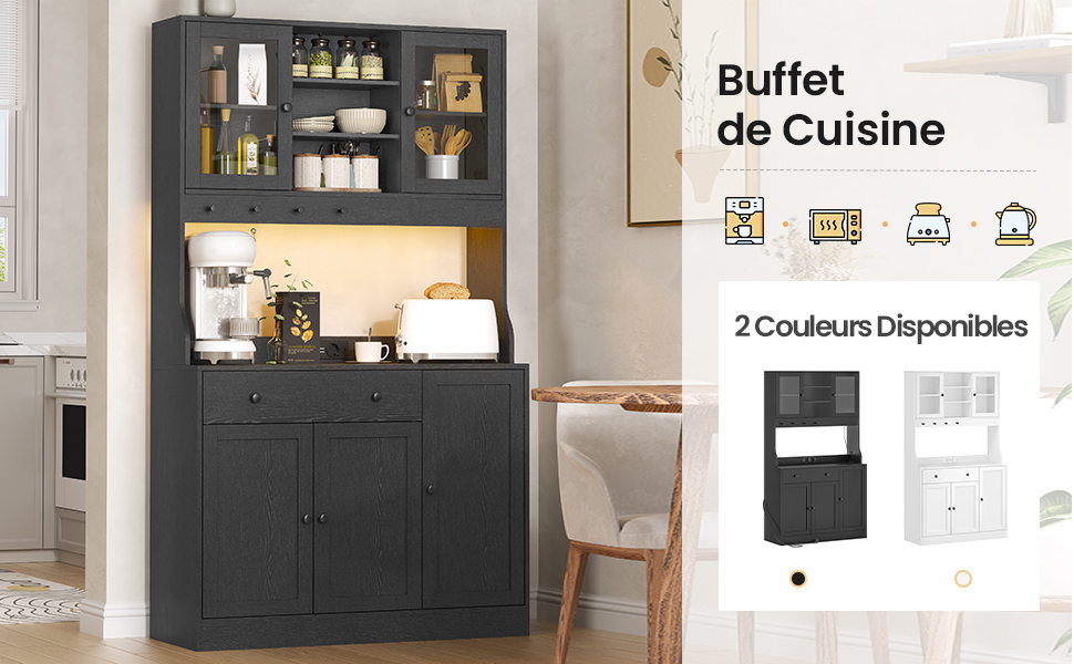 en gris foncé avec éclairage intégré, compartiments de rangement et zones d'exposition. Les informations sur le produit indiquent deux options de couleurs disponibles.