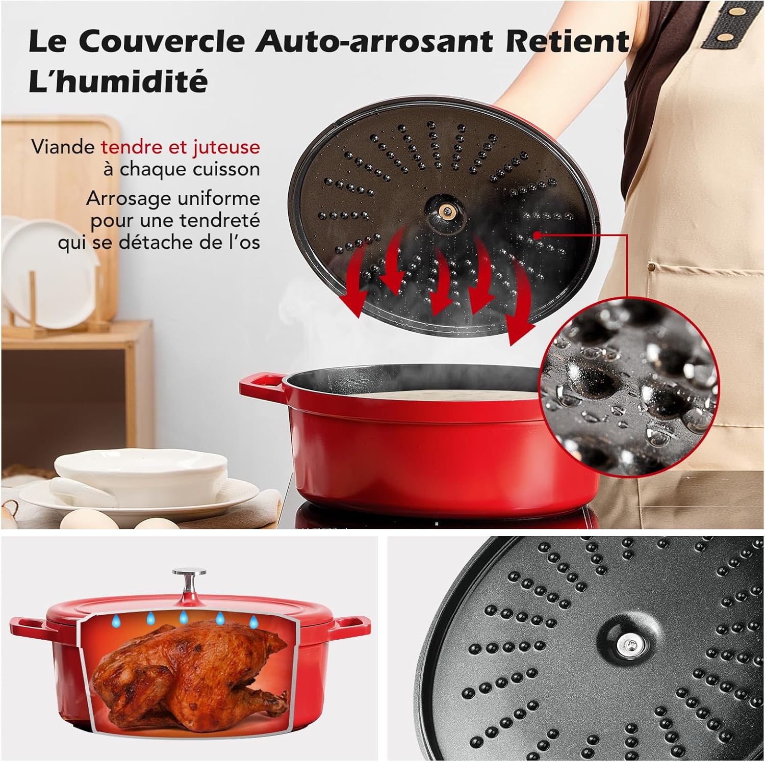 Cocotte fonte ovale 38cm, 11L, fonte alu, revêtement céramique, rouge