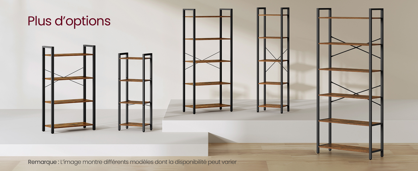 Cinq étagères ouvertes de hauteur croissante, dotées d'étagères en bois et de cadres en métal noir. Les unités comportent un nombre variable d'étagères et de motifs de contreventement.