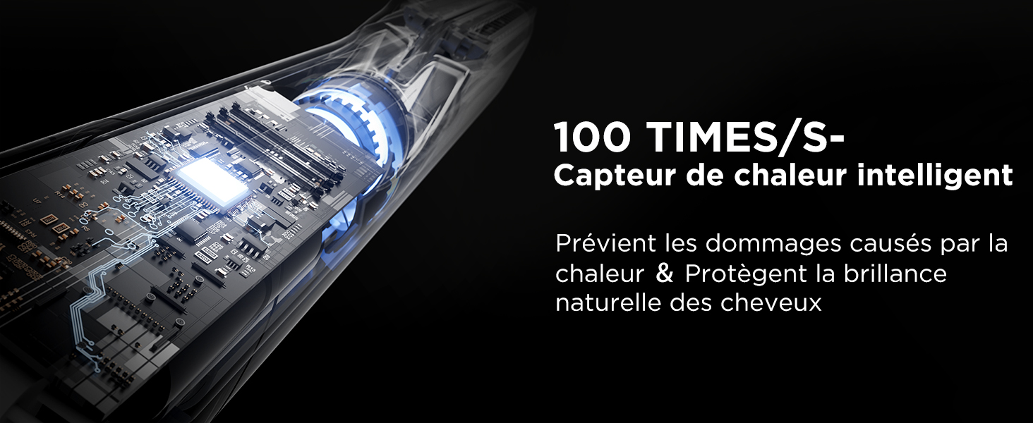 Gros plan de la buse d'un sèche-cheveux avec lumière bleue, texte « 100 TIMES/S » et « Capteur de chaleur intelligent » visibles. Le texte français décrit la prévention des dommages causés par la chaleur.