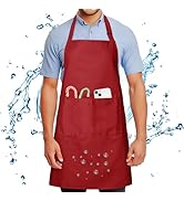 avec sangle de cou et liens à la taille. La poche avant peut contenir des cannes à sucre et un smartphone. Des gouttelettes d'eau et des éclaboussures entourent le tablier