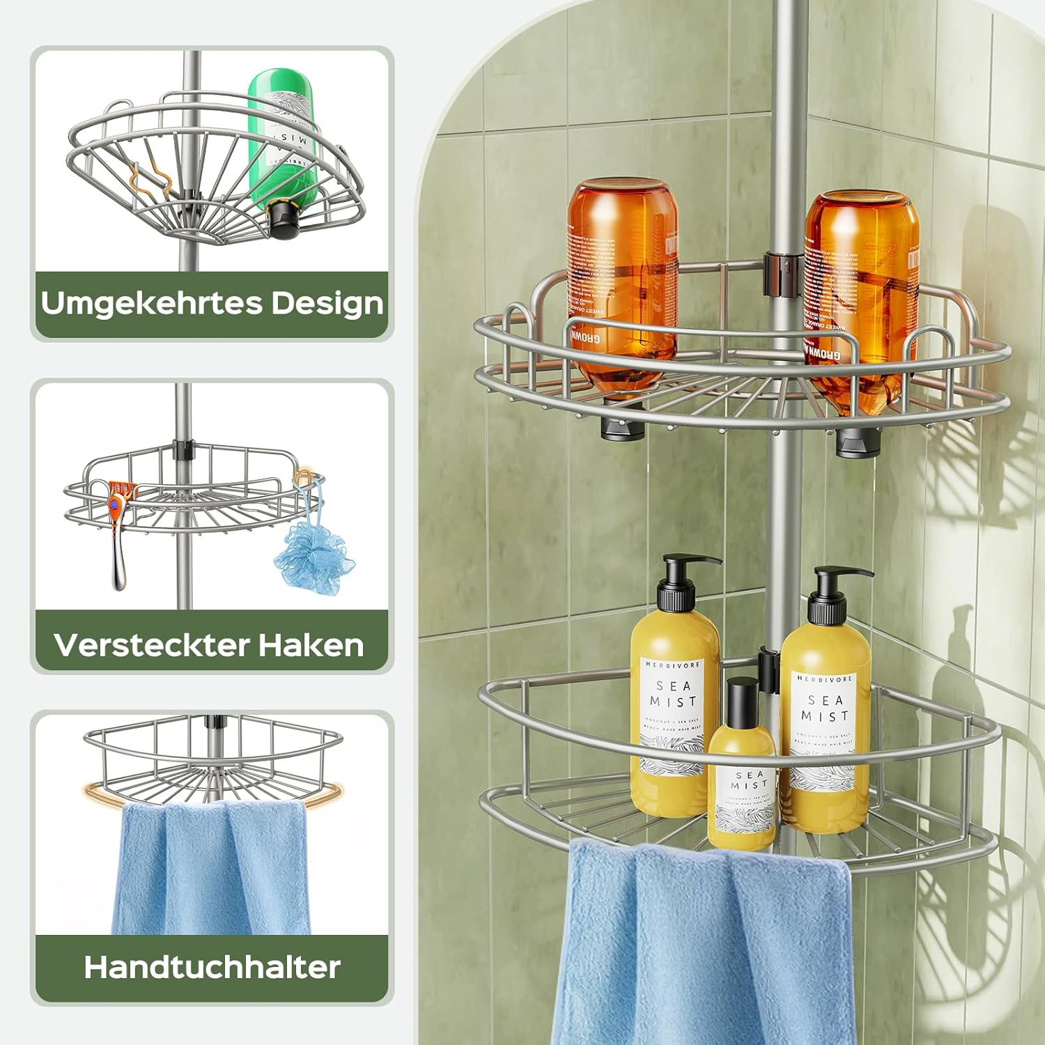 HAMITOR - Etagère douche télescopique, 121-314cm, 4 niveaux, métal, sans perçage