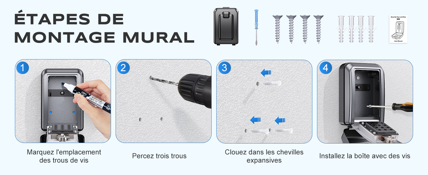 Le texte se lit comme suit : « ÉTAPES DE MONTAGE MURAL ». Guide d'installation en quatre étapes avec vis et perceuse pour le montage mural d'un appareil.