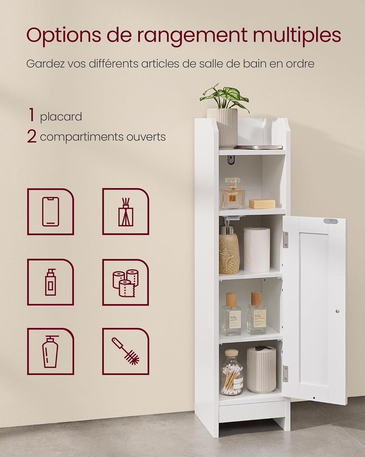 VASAGLE - meuble salle de bain angle, 20x18x80 cm, étagères réglables, BBC310W01