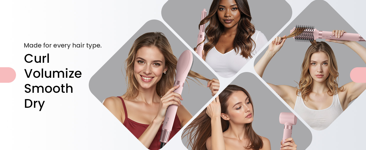 Le texte indique « Curl », « Volumize », « Smooth », « Dry ». Démonstration du produit montrant différentes techniques de coiffure et leurs résultats.