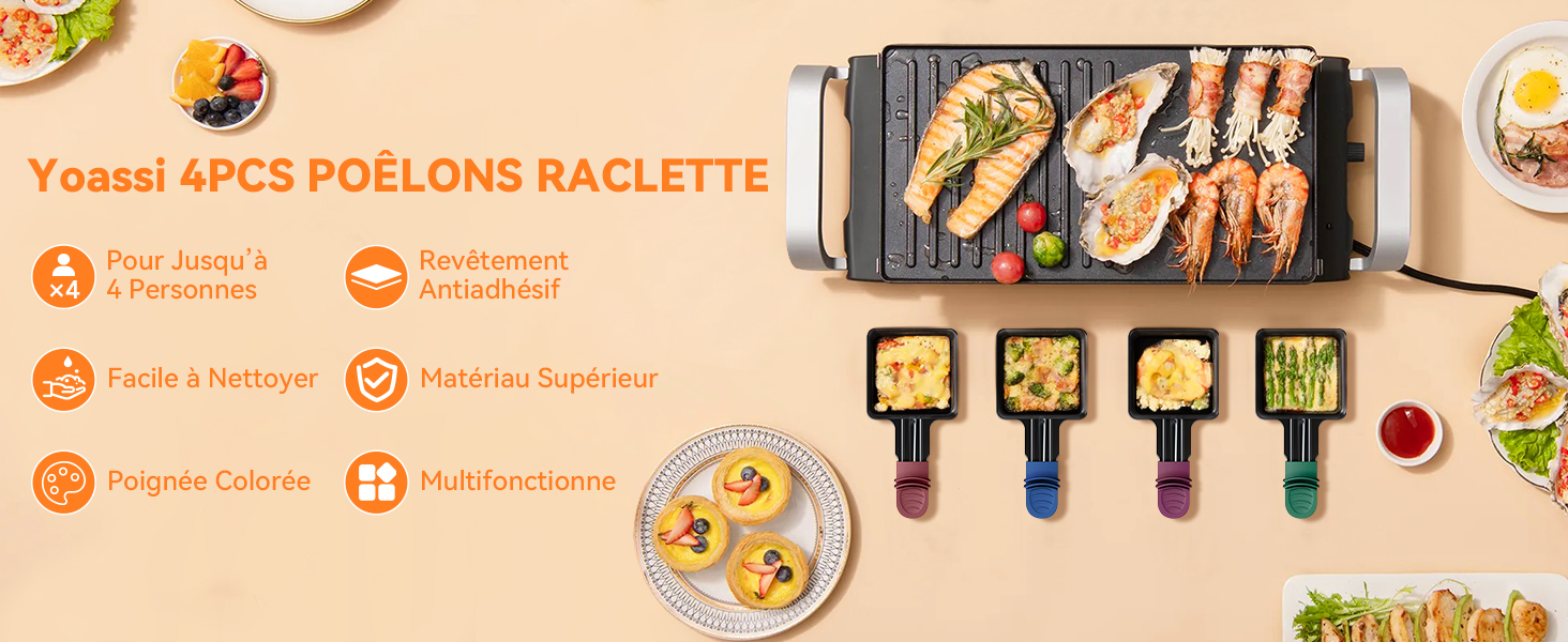 , présentés avec divers aliments et casseroles, montrant plusieurs stations de chauffage avec des casseroles