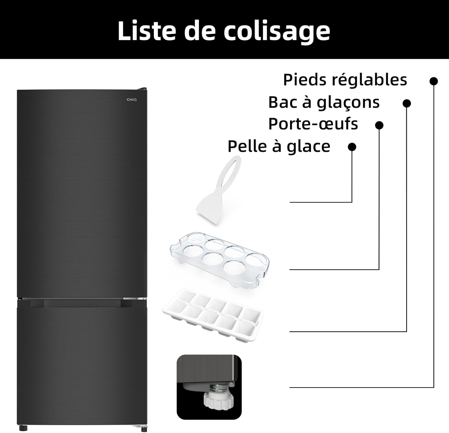 CHIQ - FBM205L42 - 205L, acier noir, 39dB, faible givre, portes réversibles