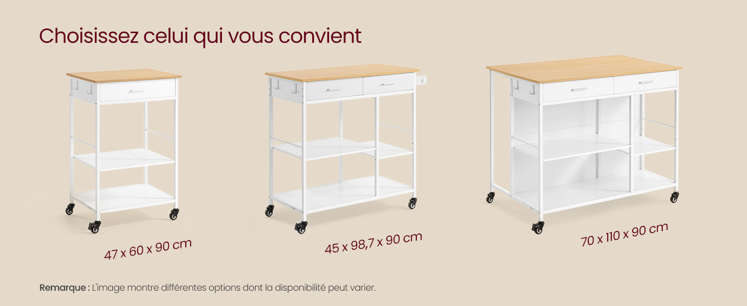 Le texte se lit comme suit : « Choisissez celui qui vous convient ». Trois chariots utilitaires blancs présentés côte à côte avec différentes hauteurs et dimensions.