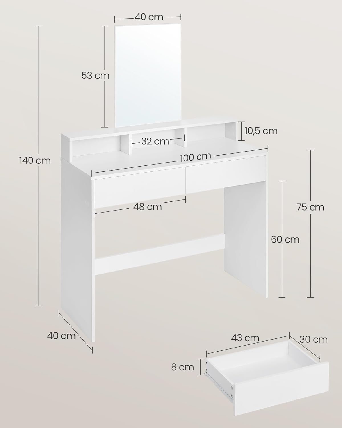 VASAGLE - KAILYN Collection - 100x40x140 cm - coiffeuse, miroir, 2 tiroirs, 3 compartiments RDT163W01