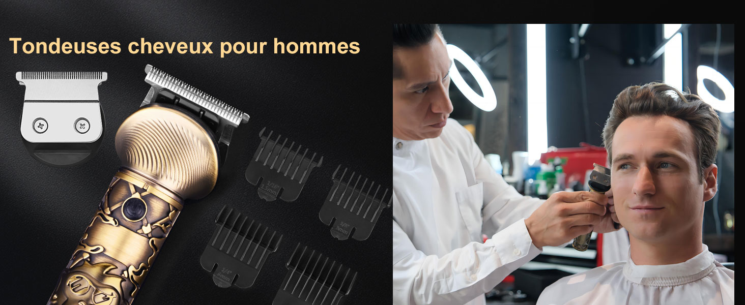 Tondeuse à cheveux professionnelle dorée affichée à côté de l'image d'un coiffeur utilisant une tondeuse en salon