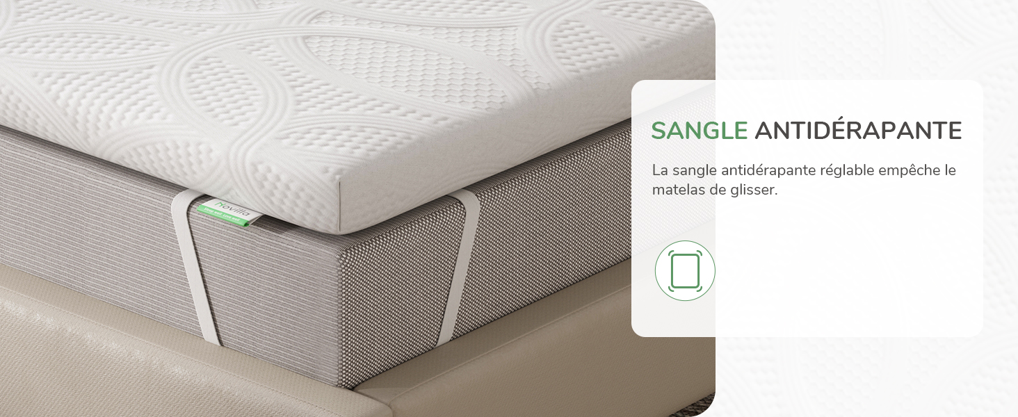 Le texte indique « SEMELLE ANTIDÉRAPANTE ». Photos rapprochées du matériau du matelas ou du coussin montrant une surface inférieure texturée et antidérapante.