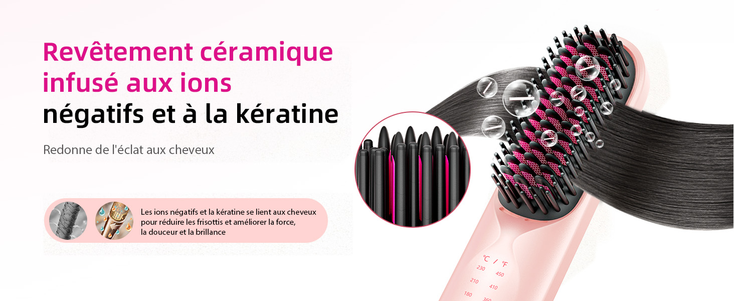 Le texte indique « Revêtement céramique » et « infusé aux ions négatifs et à la kératine ». Illustration du produit montrant des outils de coiffure et des brosses avec des schémas techniques.