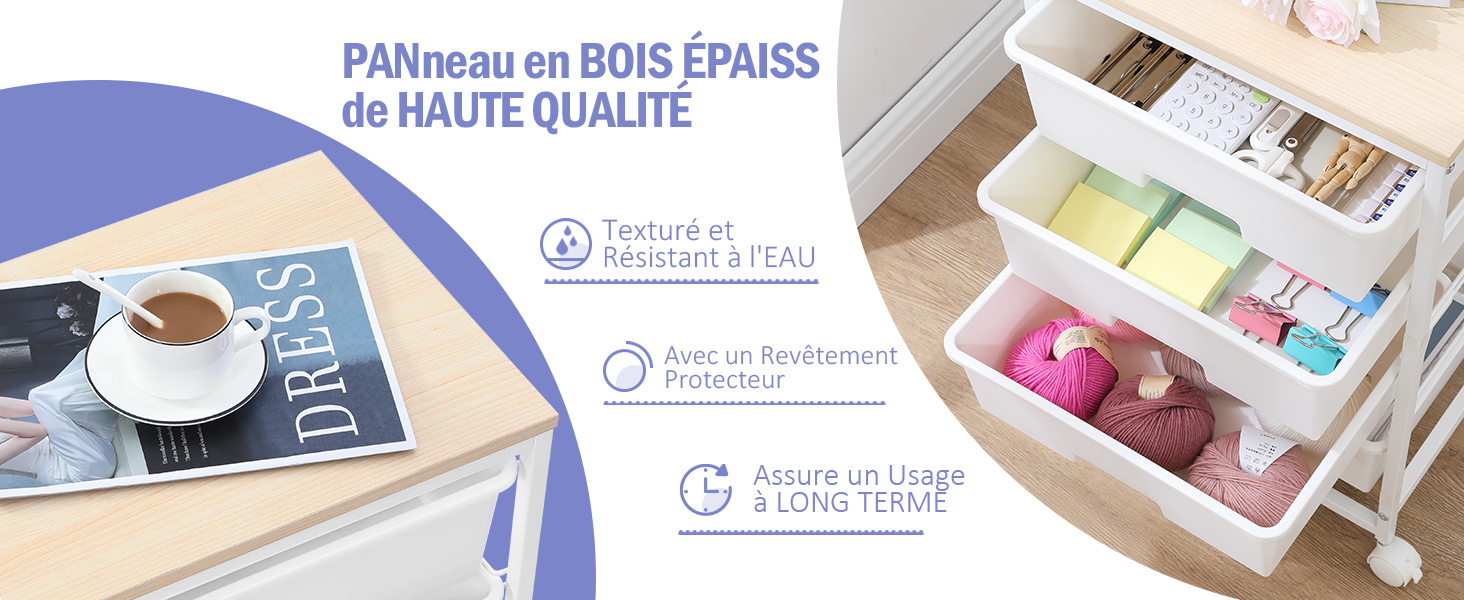 avec tiroirs en plastique blanc présentant des fournitures d'artisanat ou de bureau organisées. Le texte français indique un panneau en bois épais de haute qualité aux propriétés hydrofuges