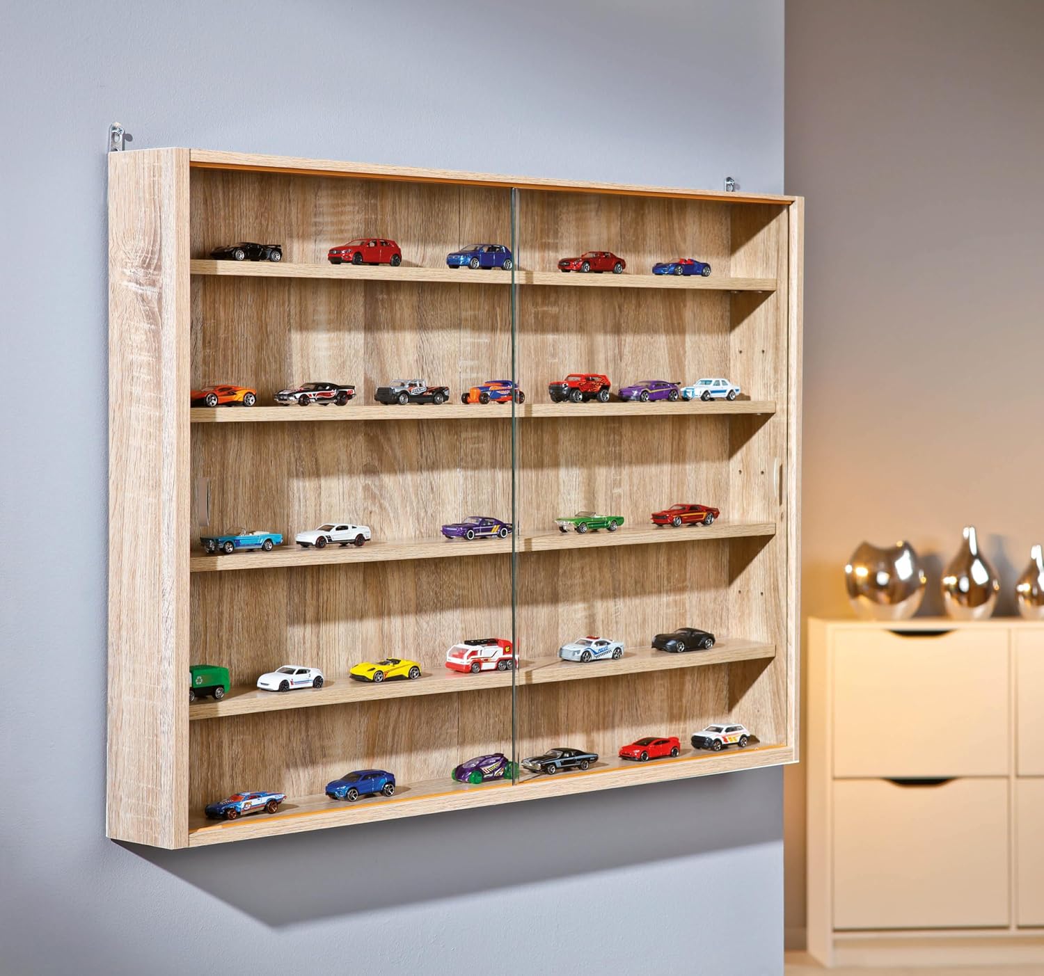 Inter Link - vitrine murale chêne 80x60x9.5 cm, 5 compartiments