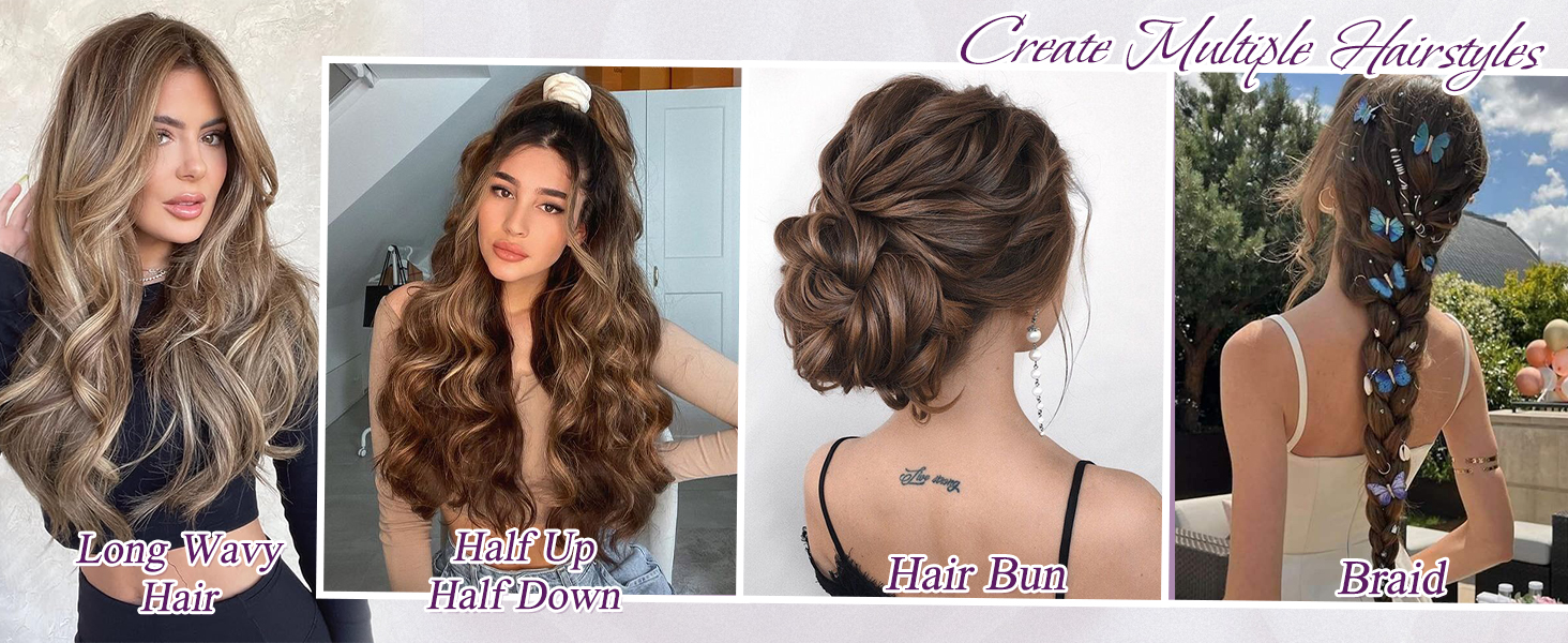 Image composite montrant quatre coiffures : de longs cheveux ondulés, des boucles mi-hautes mi-tombantes, un chignon complexe et une tresse décorée. Chaque style présente différentes techniques pour coiffer les cheveux longs.