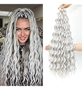 Collection de photos de produits montrant des extensions de cheveux ondulés ou des perruques blanc argenté sous différents angles, affichant de longues vagues fluides
