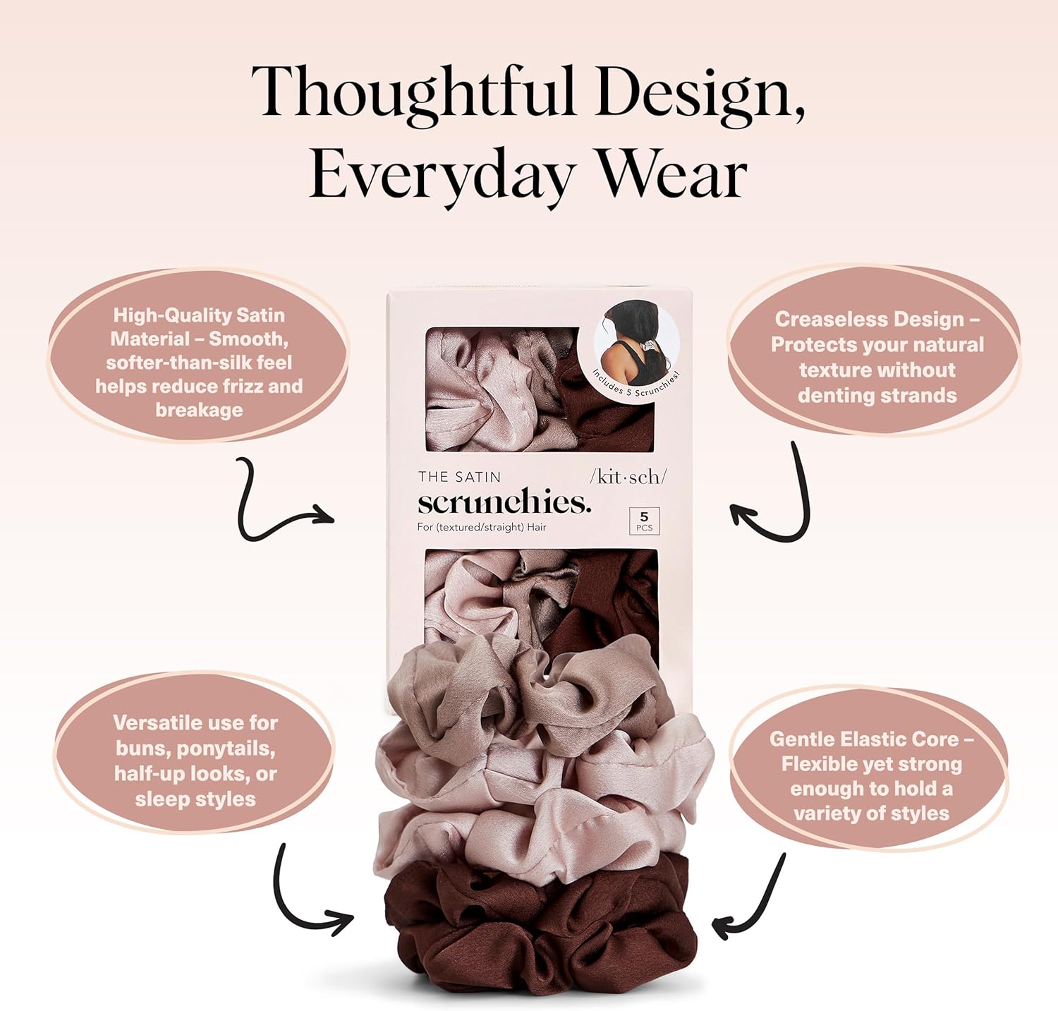 Kitsch - Chouchous satin femme, 5 pièces - élastiques anti-plis, adaptés jour/nuit, tous cheveux