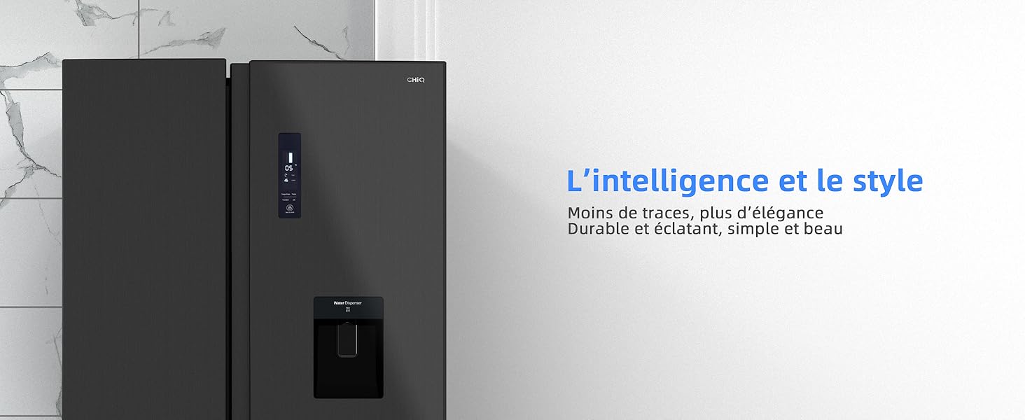 Réfrigérateur gris foncé avec distributeur d'eau et de glaçons. Le texte français le décrit comme une combinaison d'intelligence et de style.