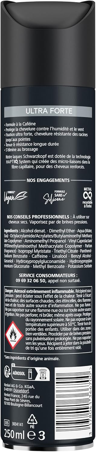 Schwarzkopf - Laque Ultra Forte - 250ml - vegan, résiste humidité, caféine