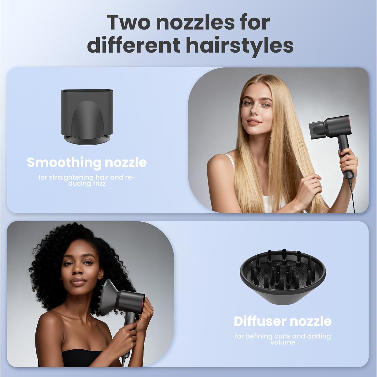 Sèche-cheveux ionique - 4 températures, 3 vitesses, moteur brushless, léger, diffuseur, accessoires magnétiques, 150000 