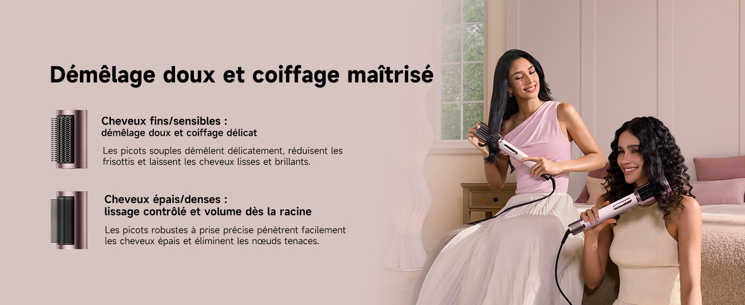 Le texte se lit comme suit : « Démêlage doux et coiffage maîtrisé ». Publicité d'un produit de soins capillaires montrant le processus de coiffage et ses résultats dans l'aménagement de la salle de bain.