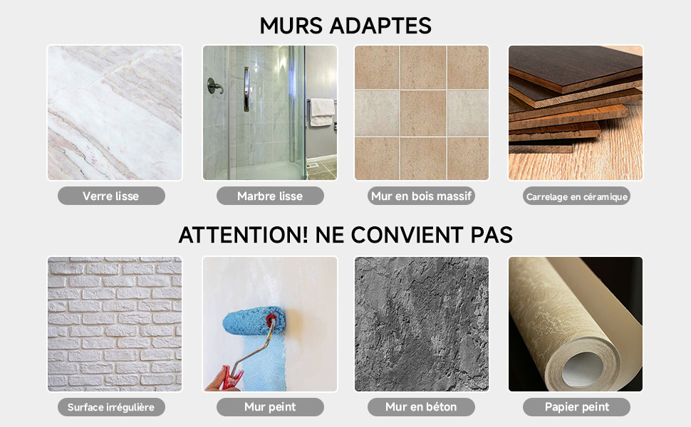 présentant des surfaces adaptées et inadaptées pour « Murs Adaptes ». Compatible : marbre, verre, bois. Incompatible : surfaces irrégulières, murs peints, béton, papier peint. Les images illustrent chaque type de surface.