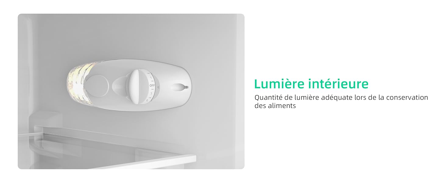 Appareil blanc de forme ovale avec une lumière intérieure brillante. Le texte en français mentionne « éclairage intérieur ». Il s'agit apparemment d'un produit de toilette ou d'hygiène.