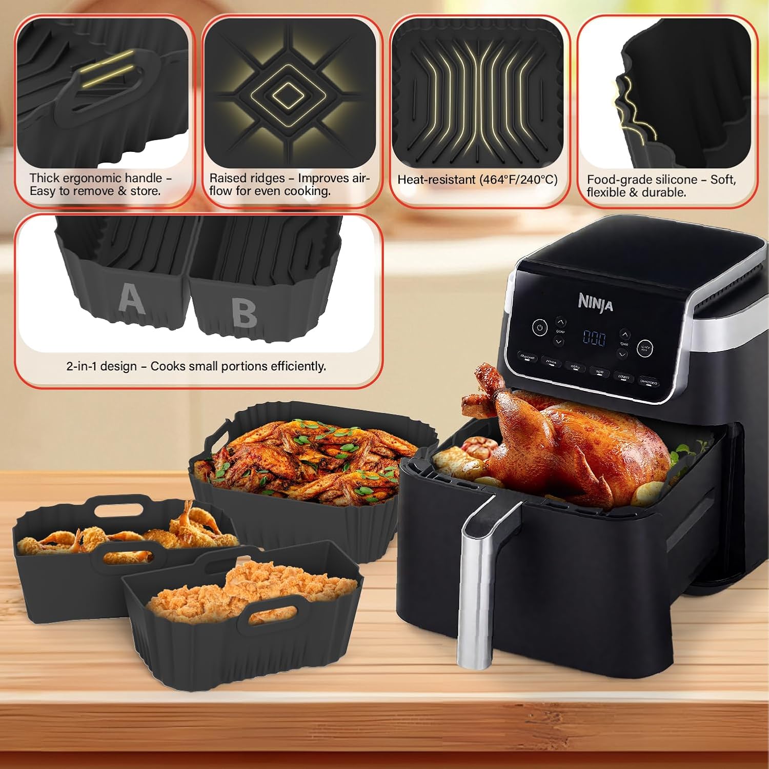 Moule en silicone airfryer 22x23cm réutilisable, lot 3, COSORI/PHILIPS/NINJA