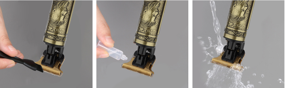Image à trois panneaux montrant le processus de nettoyage du rasoir électrique : nettoyage à la brosse, rinçage à l'eau et nettoyage des lames par pulvérisation d'eau