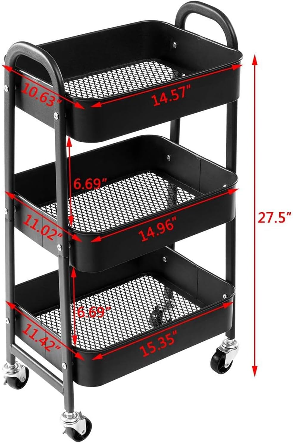 DOEWORKS - Chariot de rangement 3 niveaux métal, roulettes, noir
