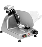 Série de photos de produits montrant une trancheuse à viande de qualité professionnelle en finition argentée/métallique sous différents angles, dotée d'un dispositif de sécurité et d'un cadran de commande.