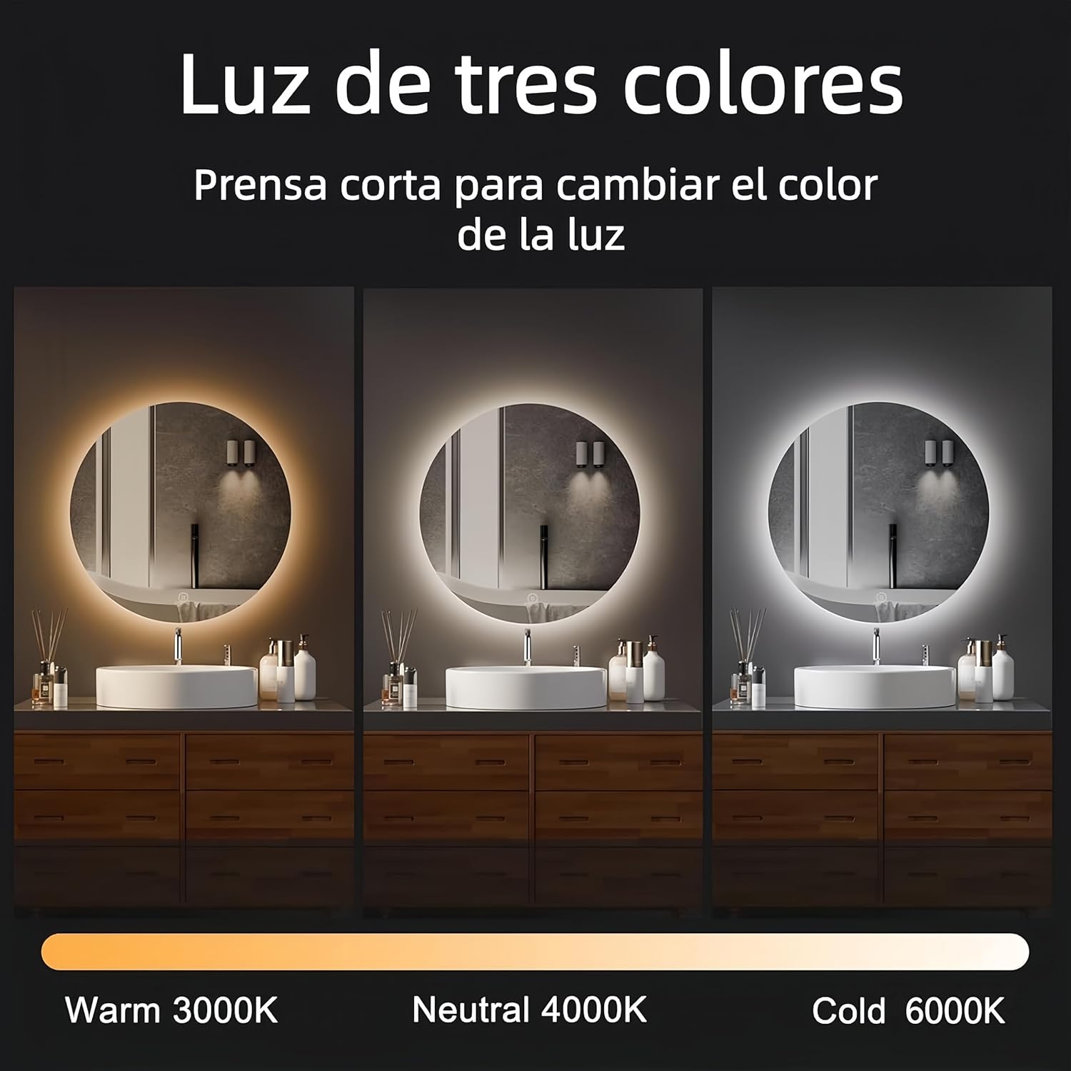Miroir Salle de Bain - LED Rond 50cm - 3 couleurs, dimmable, tactile