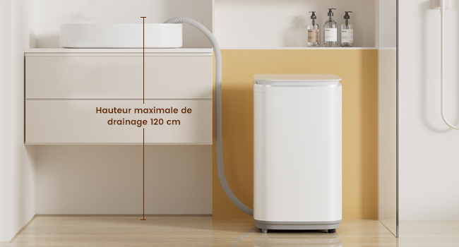 Les appareils de cuisine modernes blancs sont montrés sur un mur jaune, avec un texte indiquant « dégagement minimum de 30 cm ». Démontre les exigences d'espacement appropriées.