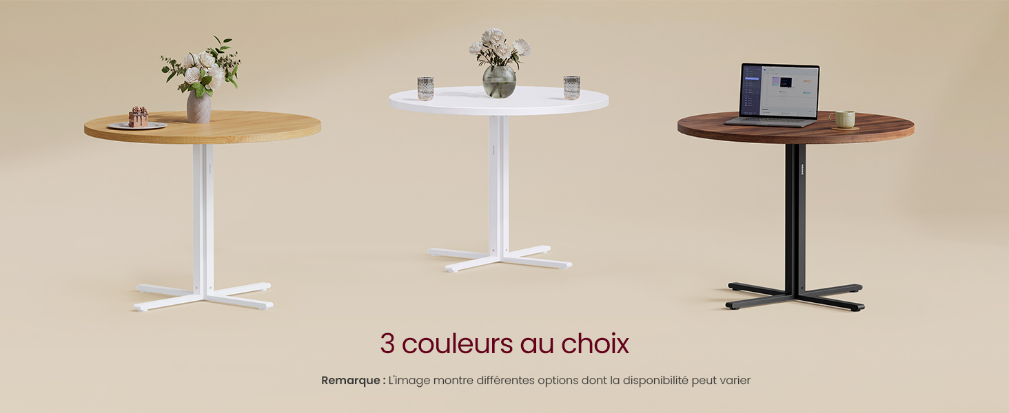 Trois tables rondes avec des plateaux de couleurs différentes et des bases en métal. Un bois clair, un blanc et un bois foncé. Le texte indique les options de couleur disponibles.