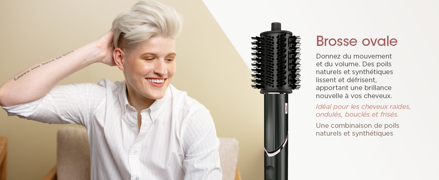 Le texte indique « Brosse ovale ». Démonstration du produit montrant le pinceau de coiffage rond noir et son utilisation, avec un texte en français décrivant les caractéristiques.
