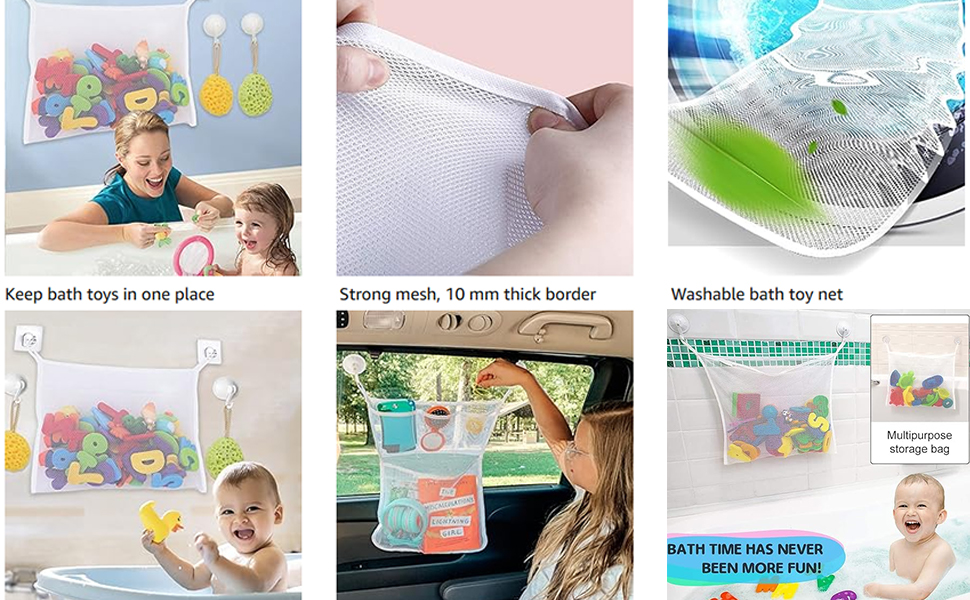 Image à six panneaux présentant un organiseur de jouets de bain. Doté d'un design en maille, de ventouses et d'une utilisation avec les enfants et les jouets.