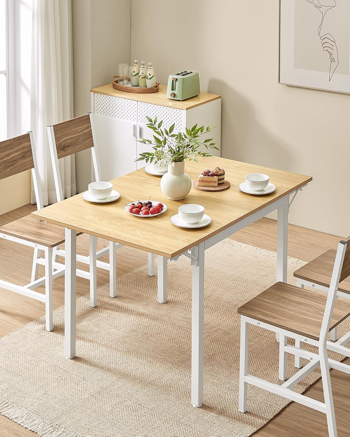 VASAGLE - Table pliante extensible 2-4 pers, chêne/blanc, rectangulaire, petits espaces, KDT077Y01