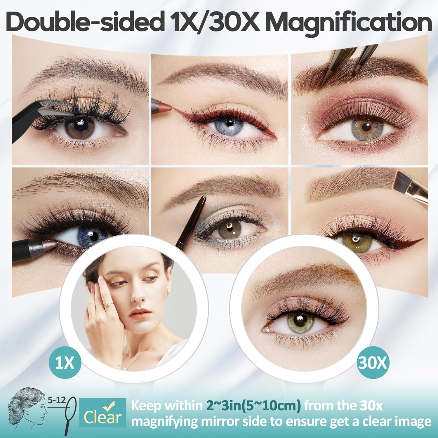 B Beauty Planet - Miroir double face compact, 1X/30X, 3 éclairages, 2000mAh, pliable