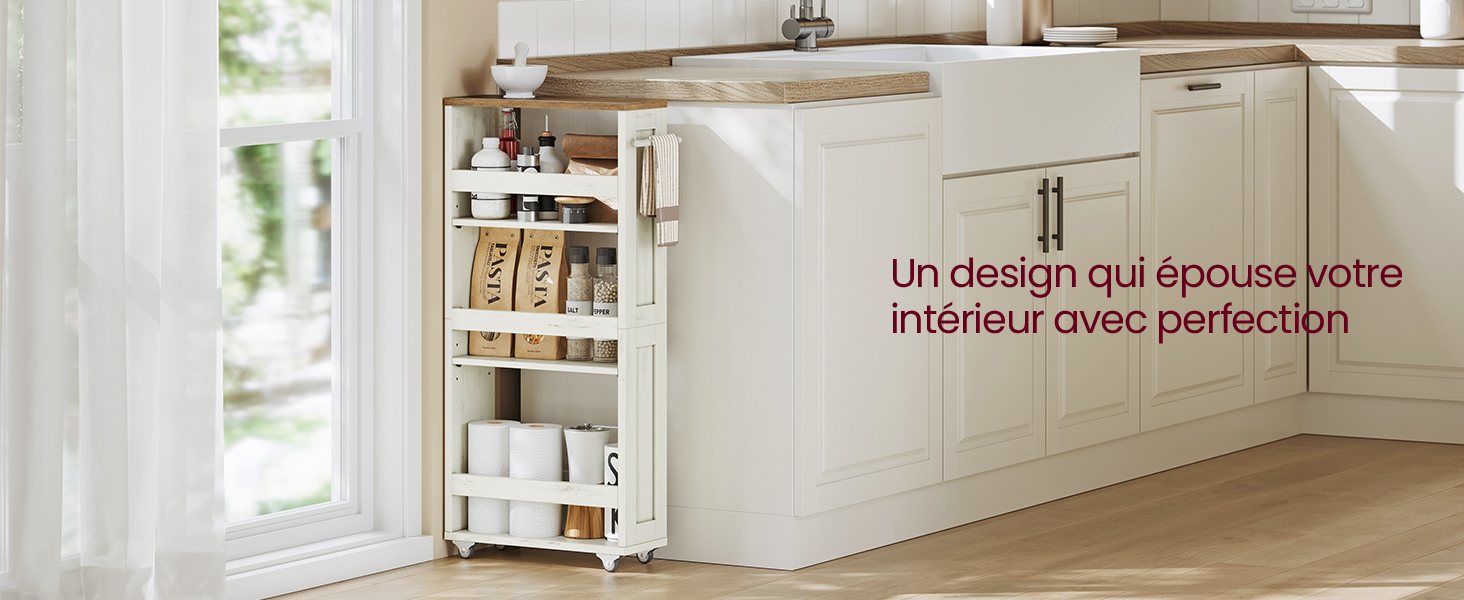 Chariot de cuisine roulant étroit avec plusieurs étagères, stockant les articles de garde-manger et les épices. S'adapte entre les armoires et le réfrigérateur, maximisant ainsi le rangement dans les espaces restreints