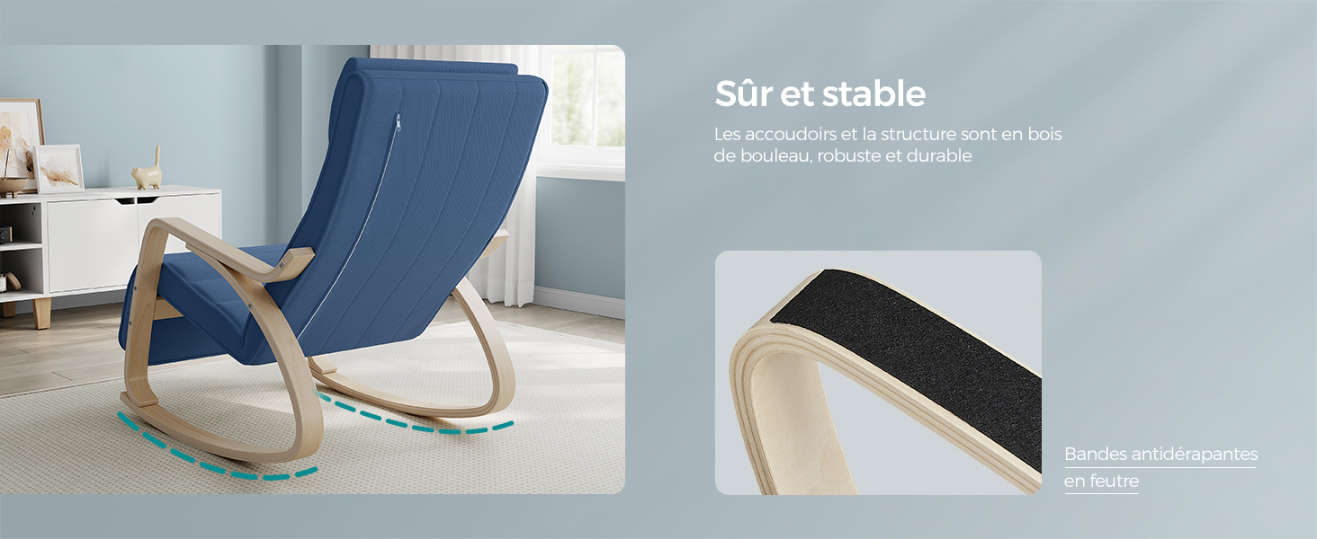 en tissu bleu avec structure en bois incurvée. L'encart montre des patins antidérapants noirs sur une base en bois pour