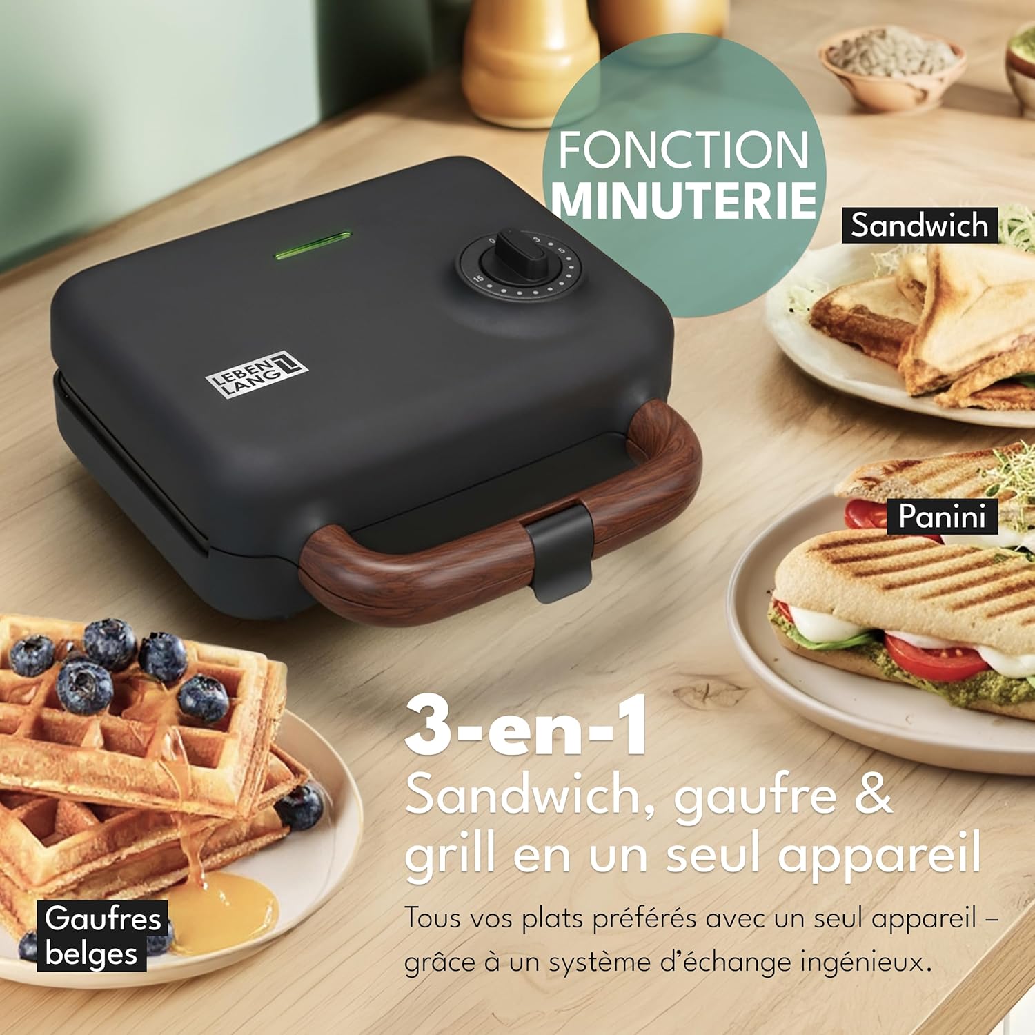 LEBENLANG - Appareil 3 en 1 - 750W, 3 plaques, grill, gaufre, sandwich
