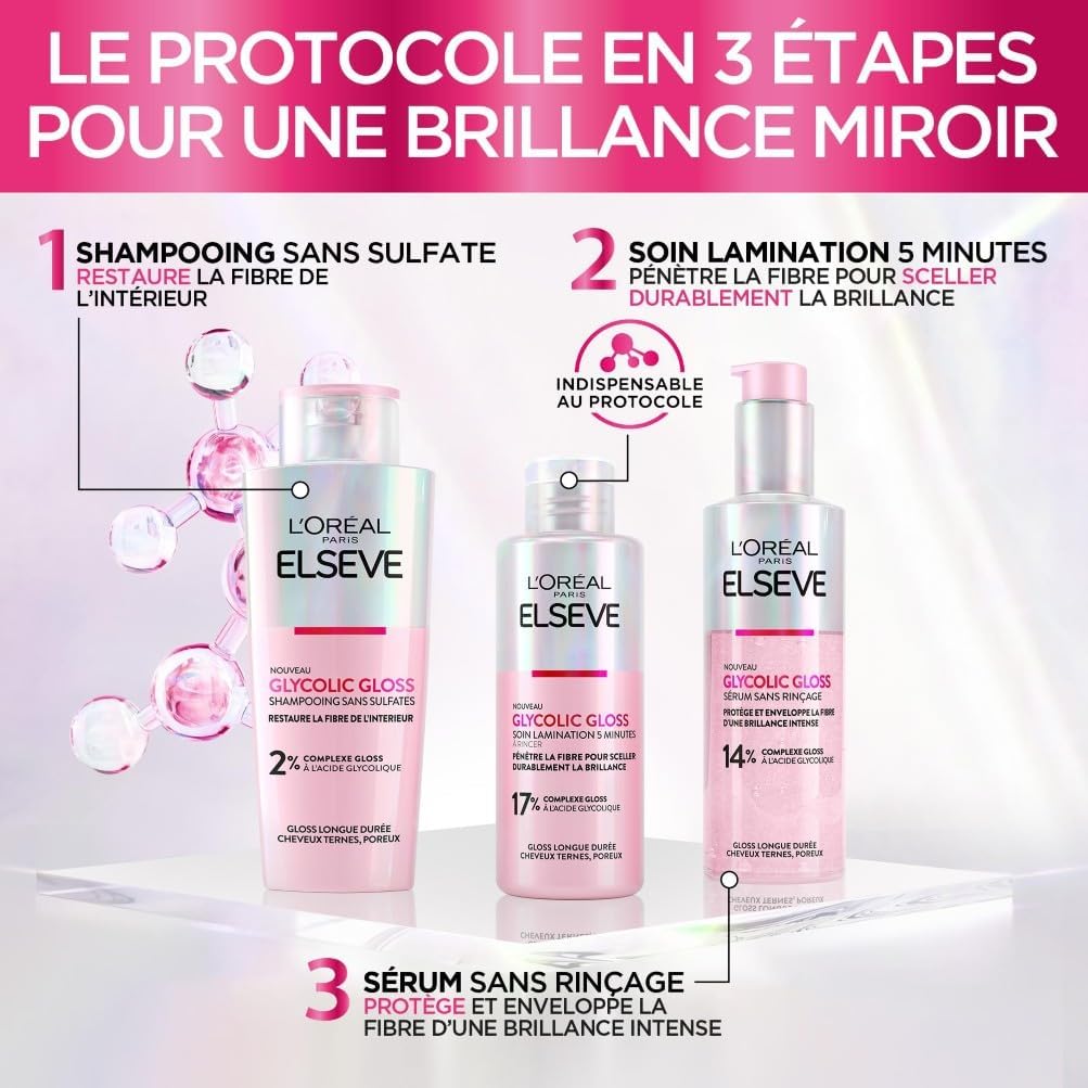 L'Oréal Paris - Elseve Glycolic Gloss - routine cheveux ternes - shampooing, soin, sérum sans sulfates, acide glycolique