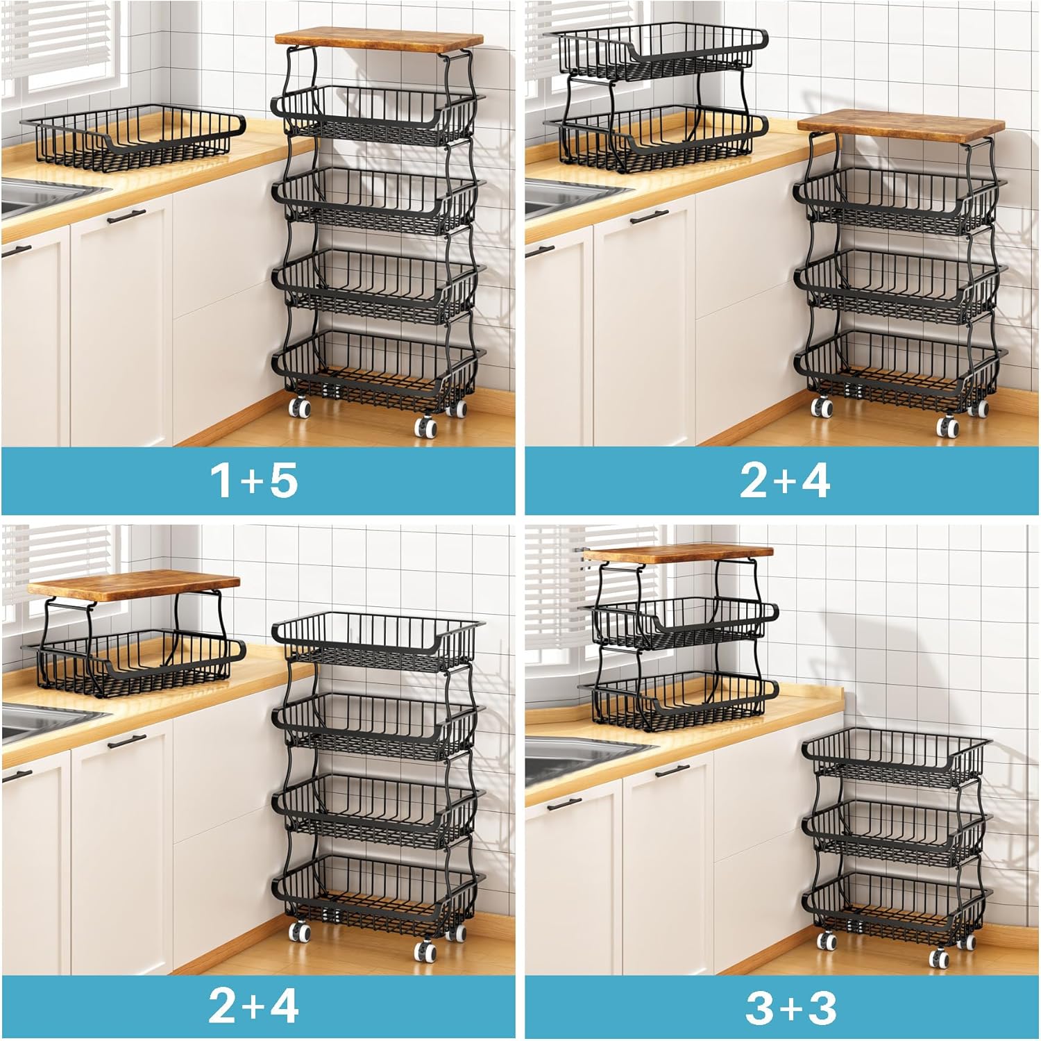 Organisateur de cellier - rangement 6 niveaux - empilable à roulettes, modulable 3+3 à 6+0 - pour cuisine et salle de ba