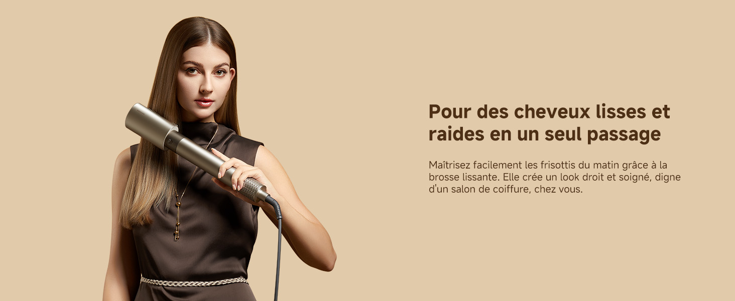 Le texte se lit comme suit : « Pour des cheveux lisses et raides en un seul passage ». Montre une démonstration de l'utilisation de produits coiffants.