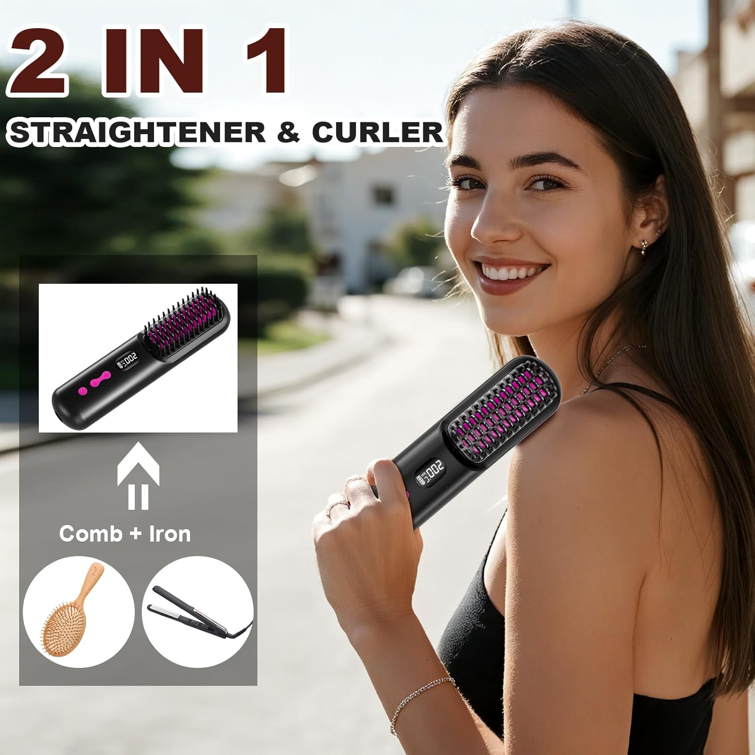 Brosse lissante sans fil - rechargeable USB 9600mAh, ions négatifs, chauffante, portable