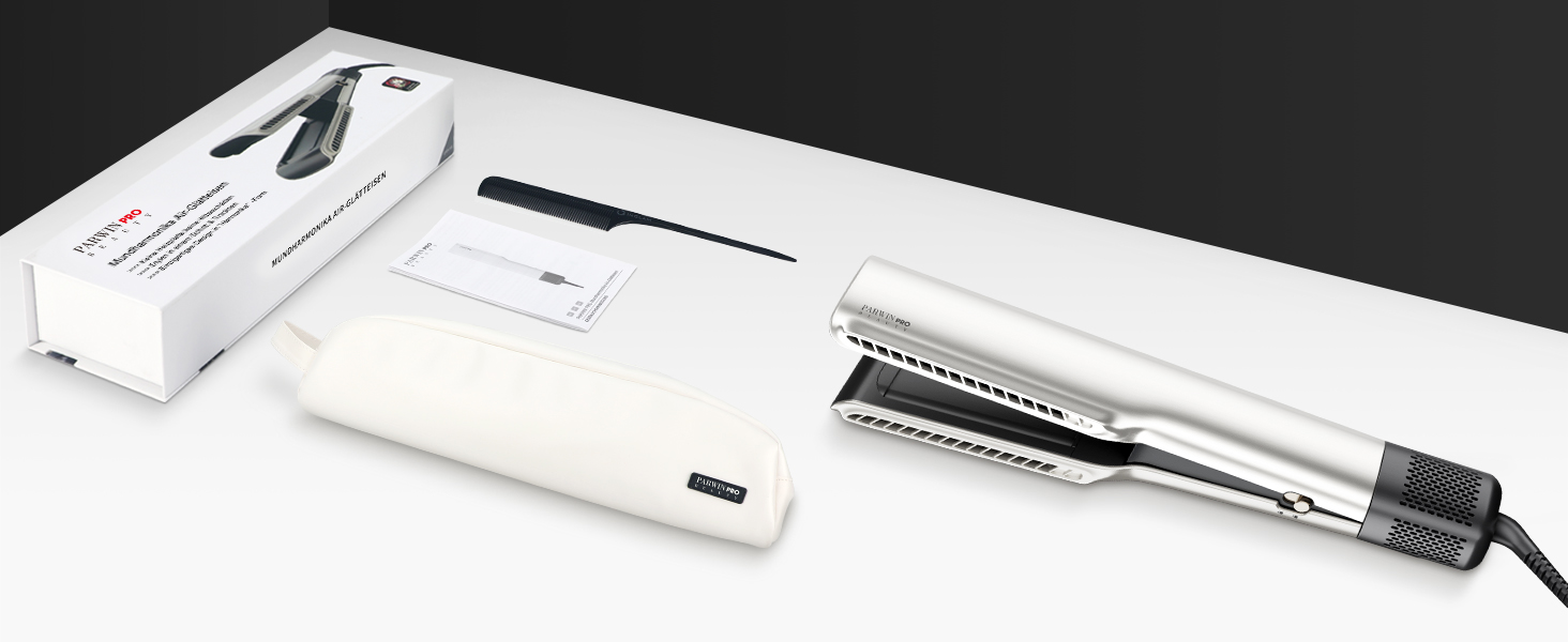 Ensemble d'outils de coiffure en argent et blanc comprenant un fer à repasser et un emballage affiché sur fond foncé.