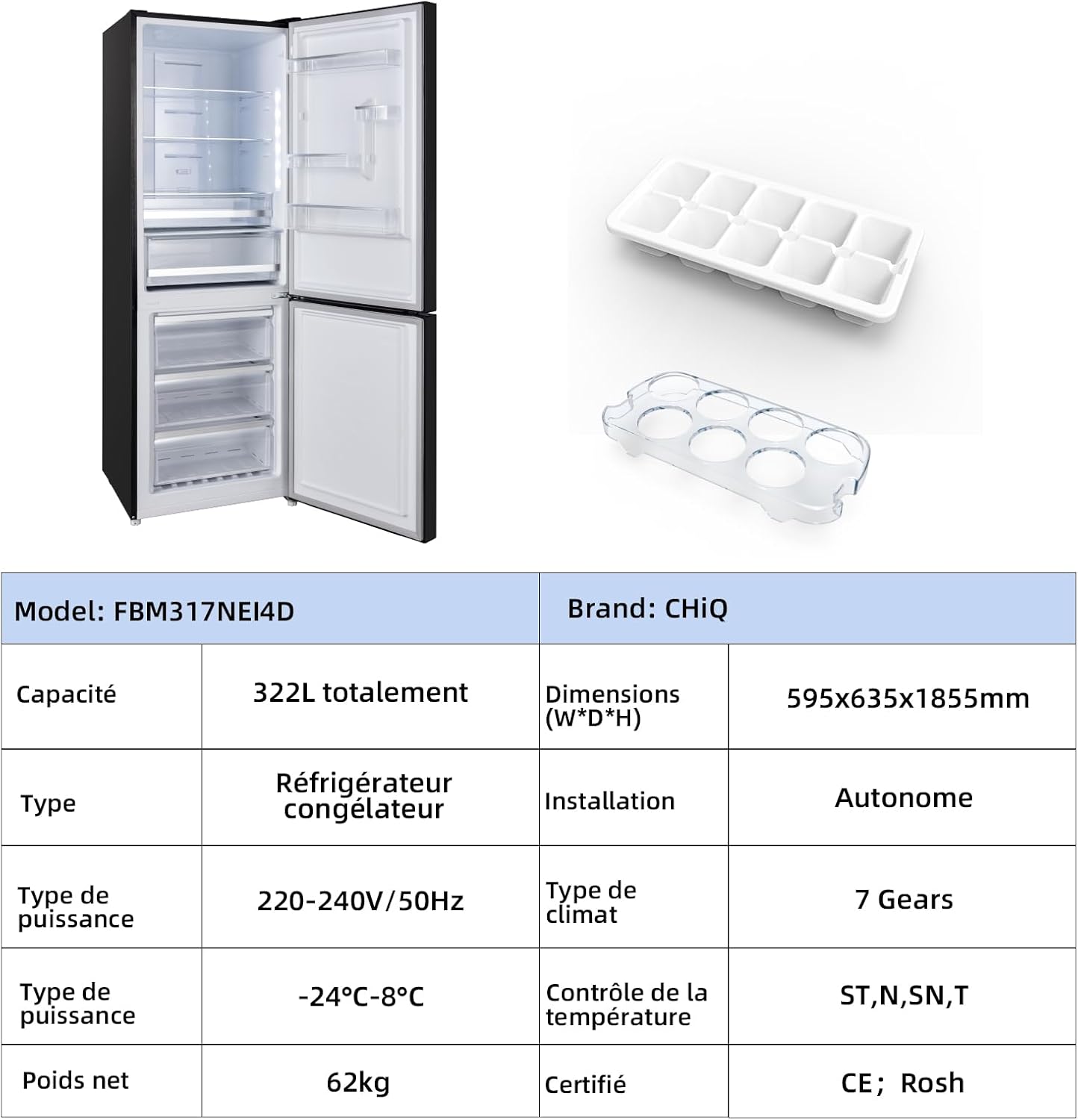 CHIQ - Réfrigérateur congélateur 322L - no frost, multi-air, tactile, 12 ans garantie