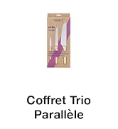 Emballage contenant un couteau en bois et un éplucheur ou un épandeur rose. Produit étiqueté « Coffret Trio Parallèle